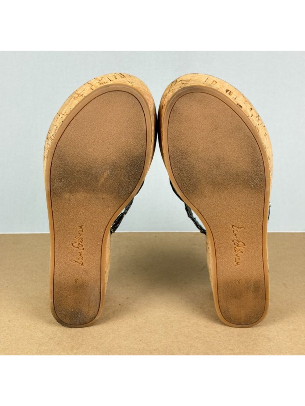 Sam Edelman Randy Cork Wedge Sandals Womens 8.5 Pewter Tan Slip In Toe Loop - Picture 7 of 9